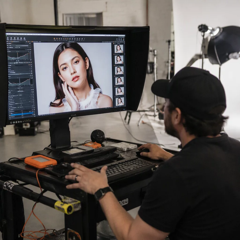 Digital technician checking sharp focus and color values on a calibrated tether station in studio